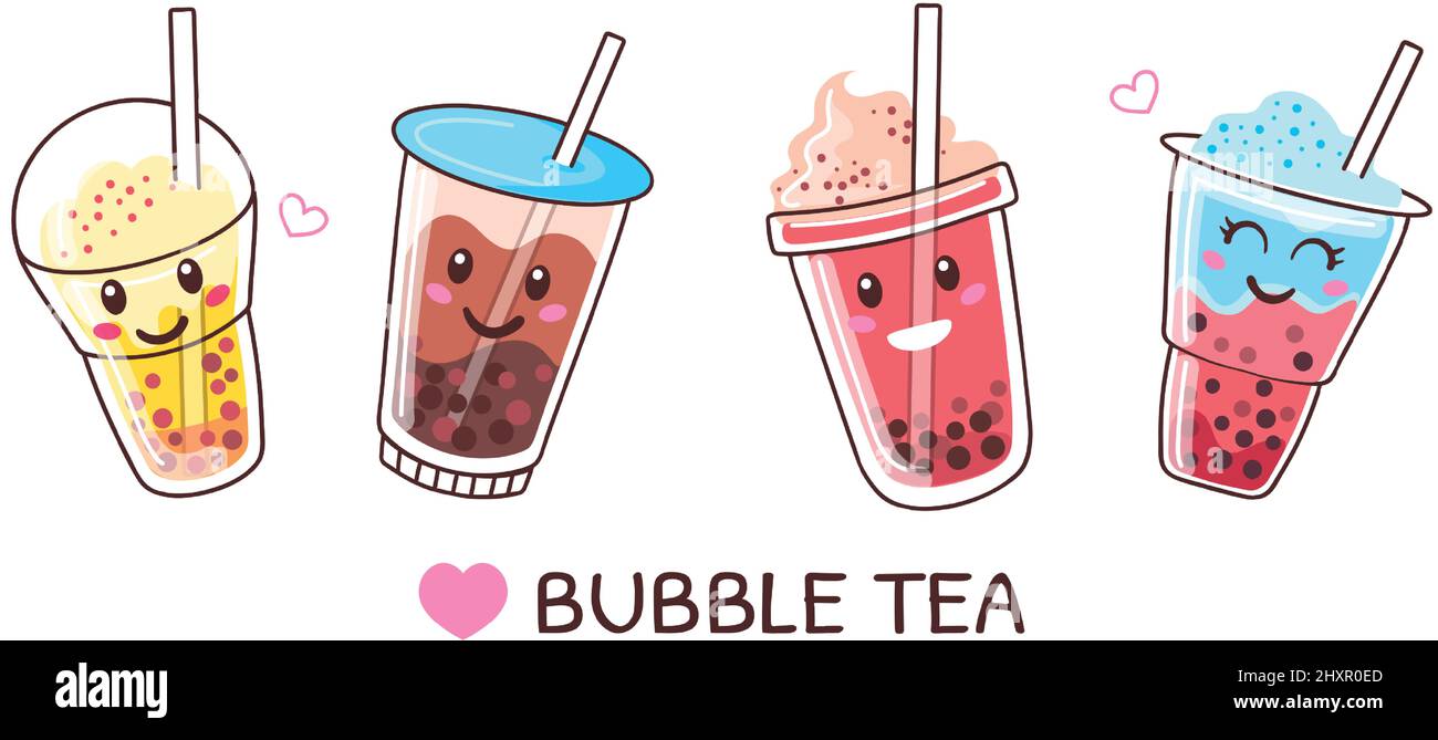 Bubble milk tea cups with cute faces, boba drink characters. Pearl milk