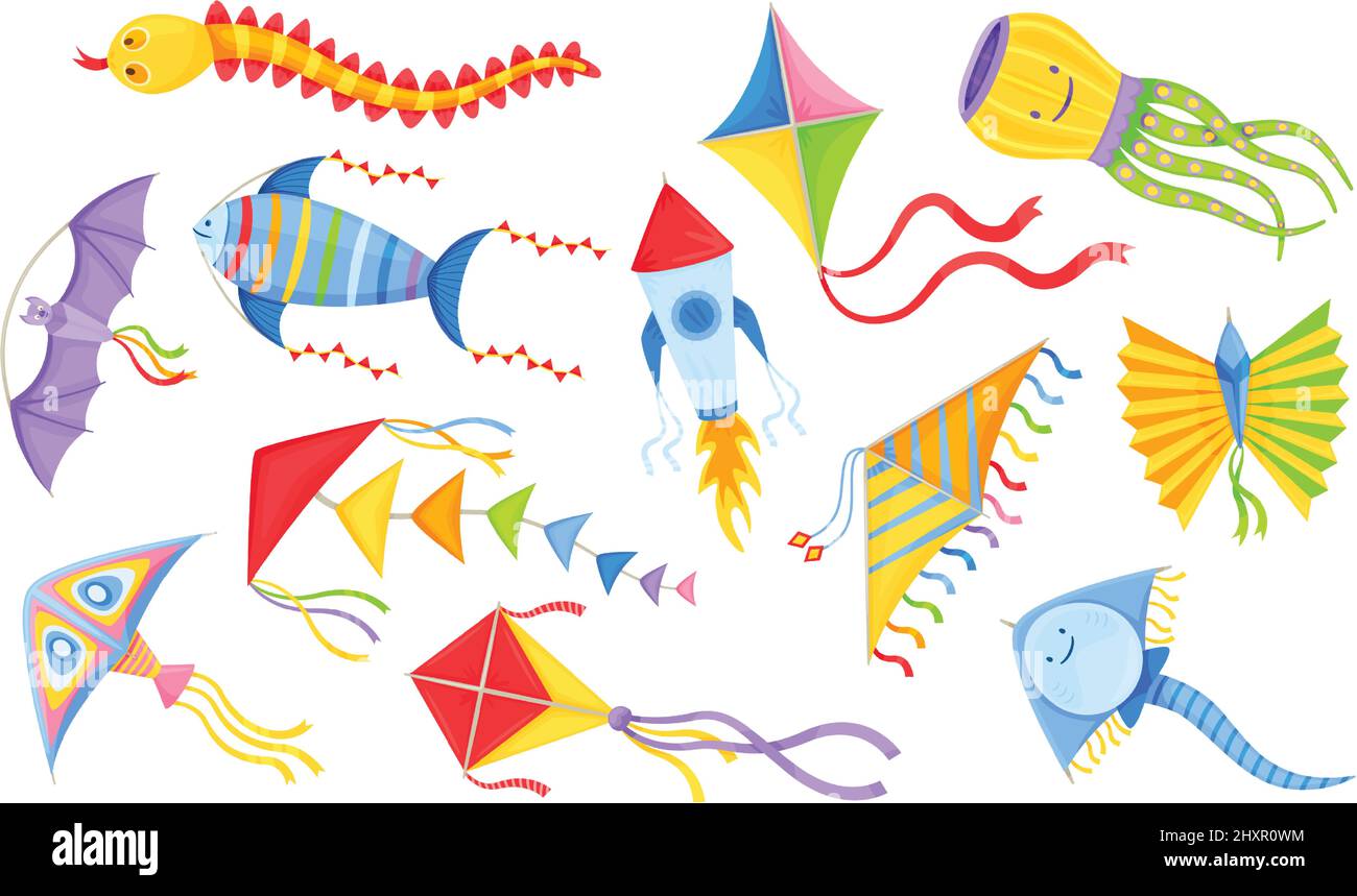 Cartoon kites, colorful flying children toy with ribbons. Kite festival,  animal shape wind toys, summer outdoor kids activity vector set. Wind  flying game in different forms as fish, snake Stock Vector Image