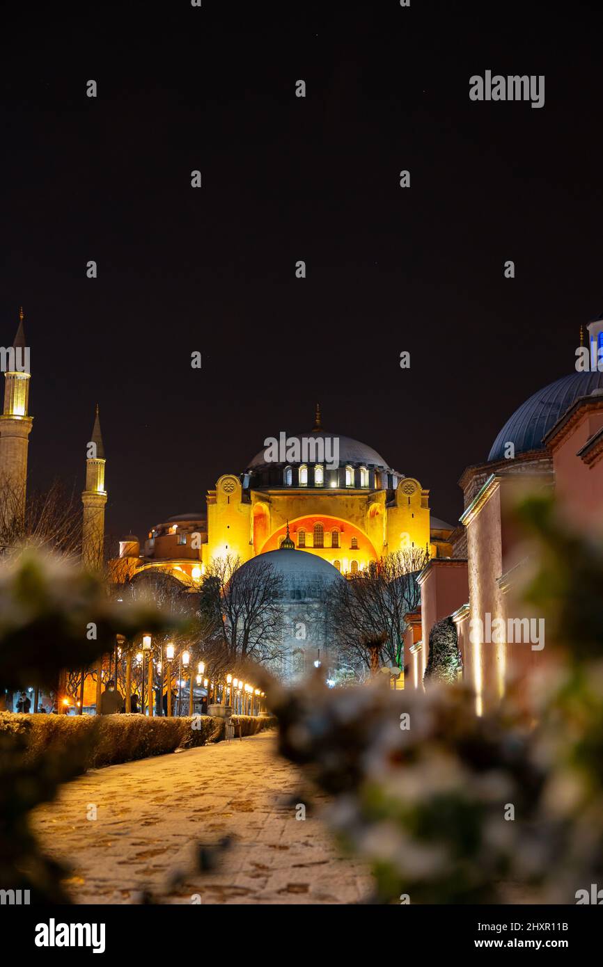 Hagia Sophia or Ayasofya at night in winter. Travel to Istanbul ...