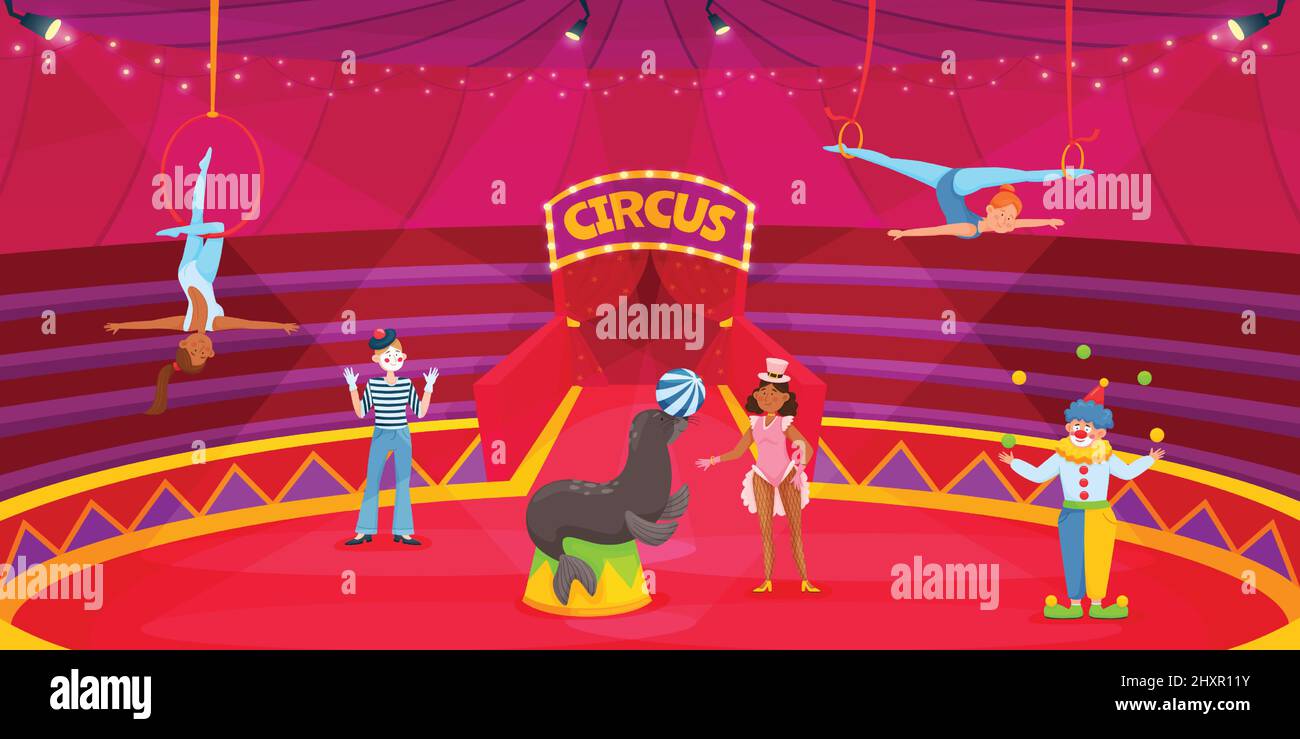 Cartoon circus performers on arena, clown, acrobat, animal trainer. Circus artists on stage, carnival show with acrobats vector illustration. Women doing aerial tricks, comedian juggling Stock Vector