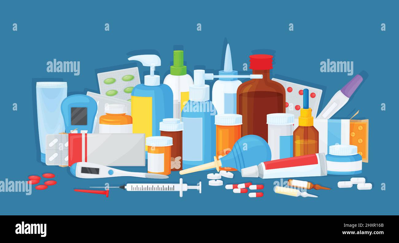 Cartoon medical products, pharmacy drugs, pills and tablets. Medicine