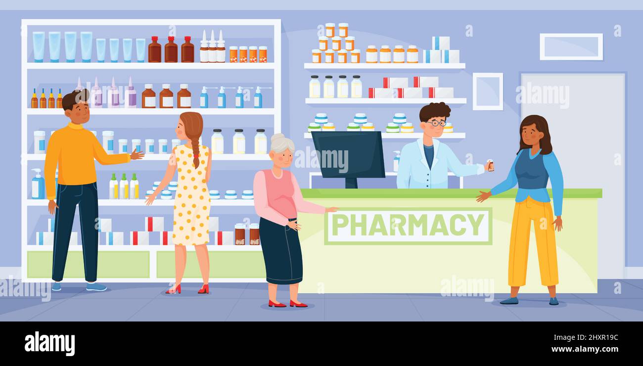 Pharmacy shop with customers, pharmacist consulting patient. People buying drugs, drugstore with medicine on shelves vector illustration. Medical consultation, characters purchasing remedy Stock Vector