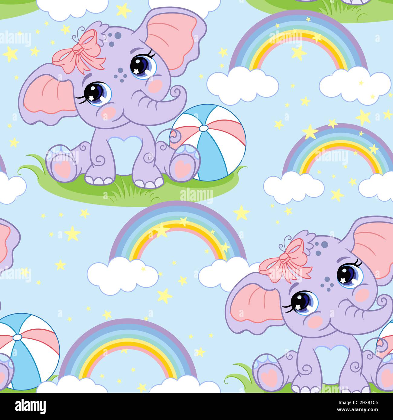 Seamless vector pattern with cute happy elephant and rainbow isolated ...