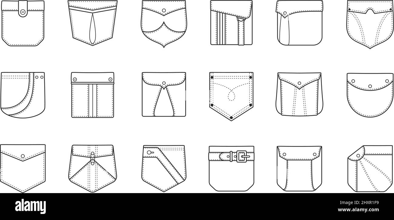 Outline patch pockets for shirts, cargo pants and denim jackets. Flap pocket sewing patterns in different shapes, fabric patches vector set. Clothes pieces for man and woman dressing Stock Vector