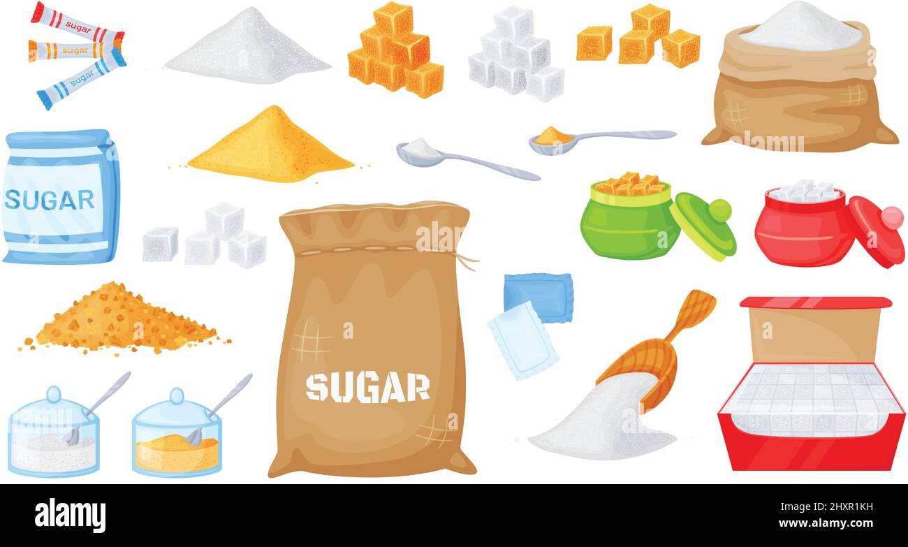 Cartoon white and brown cane sugar in different packages. Granulated