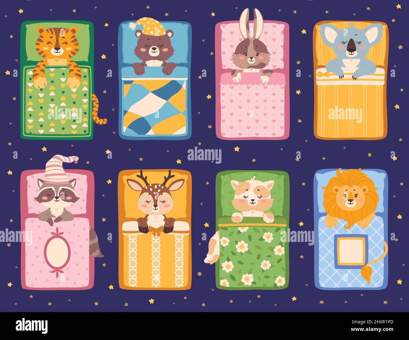 Cute baby animals sleeping in bed, sleepy animal characters. Cartoon