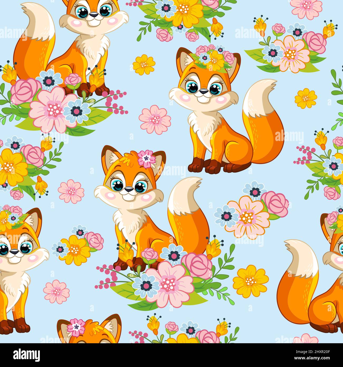 Seamless vector pattern with cute happy foxes and flowers isolated on blue background. Colorful vector illustration. For print, linen, design, wallpap Stock Vector