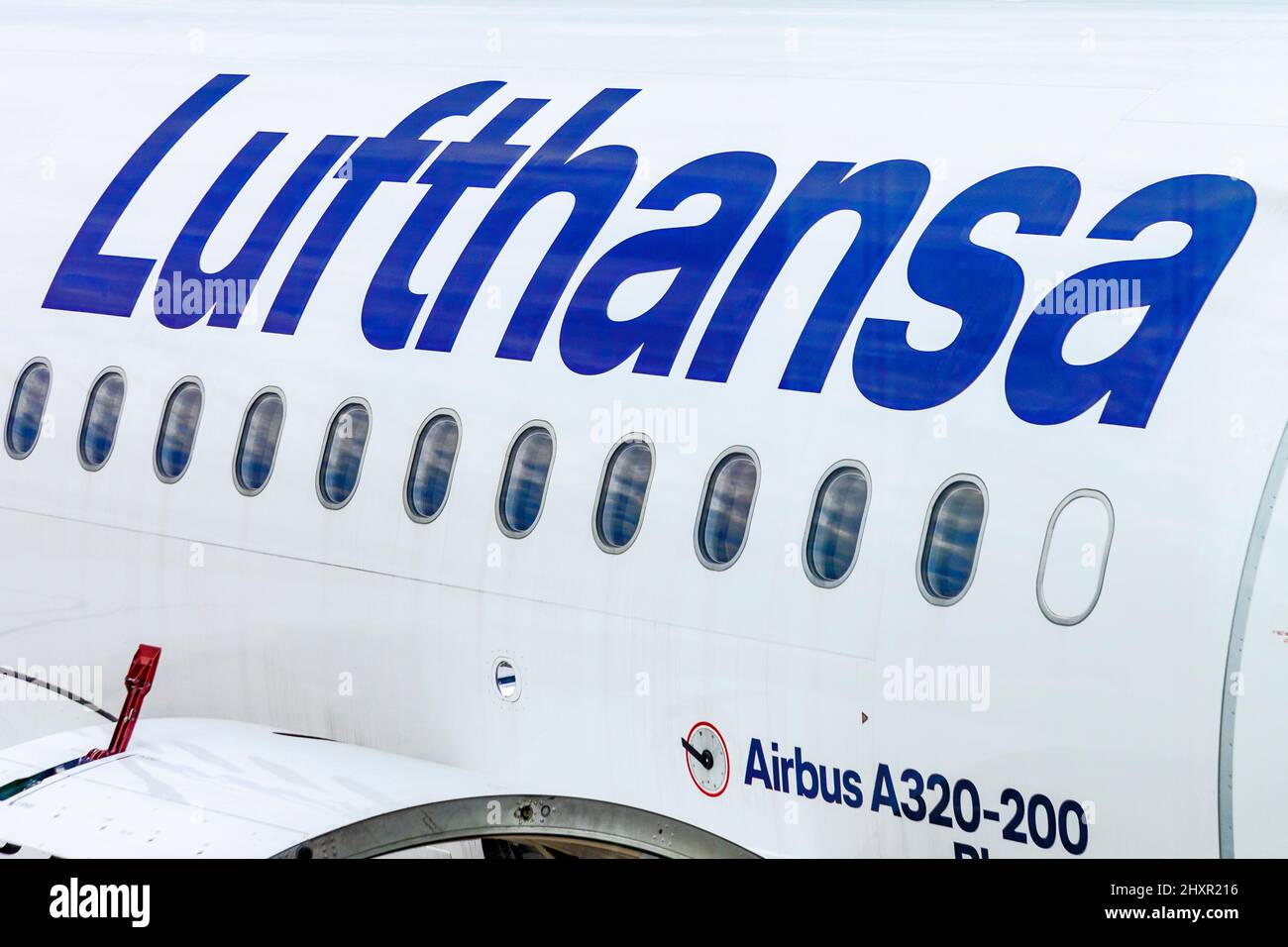 Frankfurt, Germany - August 6, 2021: Lufthansa logo at an aircraft at the Airport of Frankfurt, Germany. Stock Photo