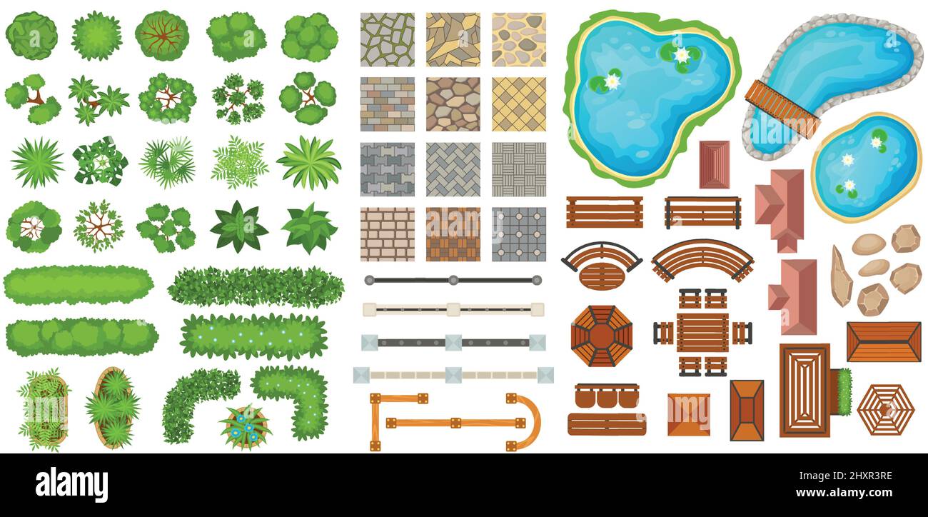 City park top view landscape elements, trees, pathways, benches. Bushes, fences, paths, ponds