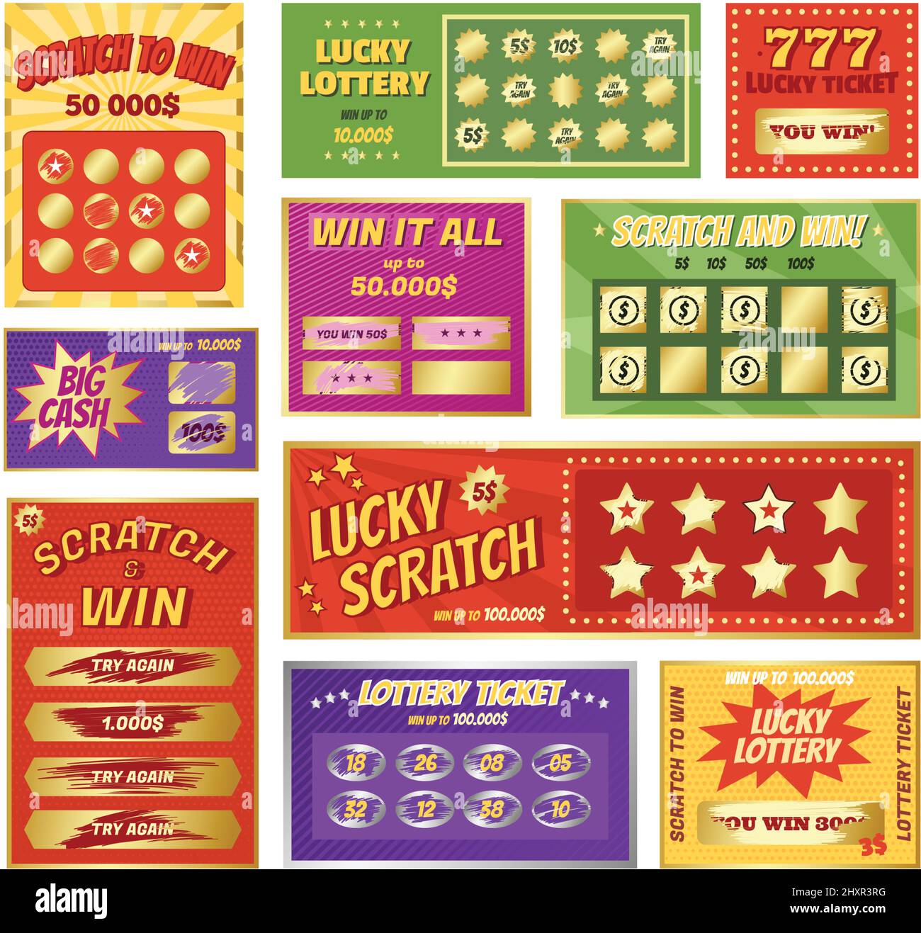 Scratch cards, instant lottery card, lucky jackpot winner tickets. Lotto and bingo game winning ticket, scratchcard games vector set. Gambling concept, coupons for prize or big cash win Stock Vector