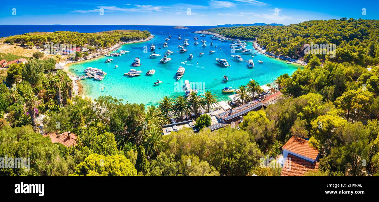 Aerial Panoramic View Of Palmizana Summer Leisure Sailing Cove And Turquoise Beach On Pakleni