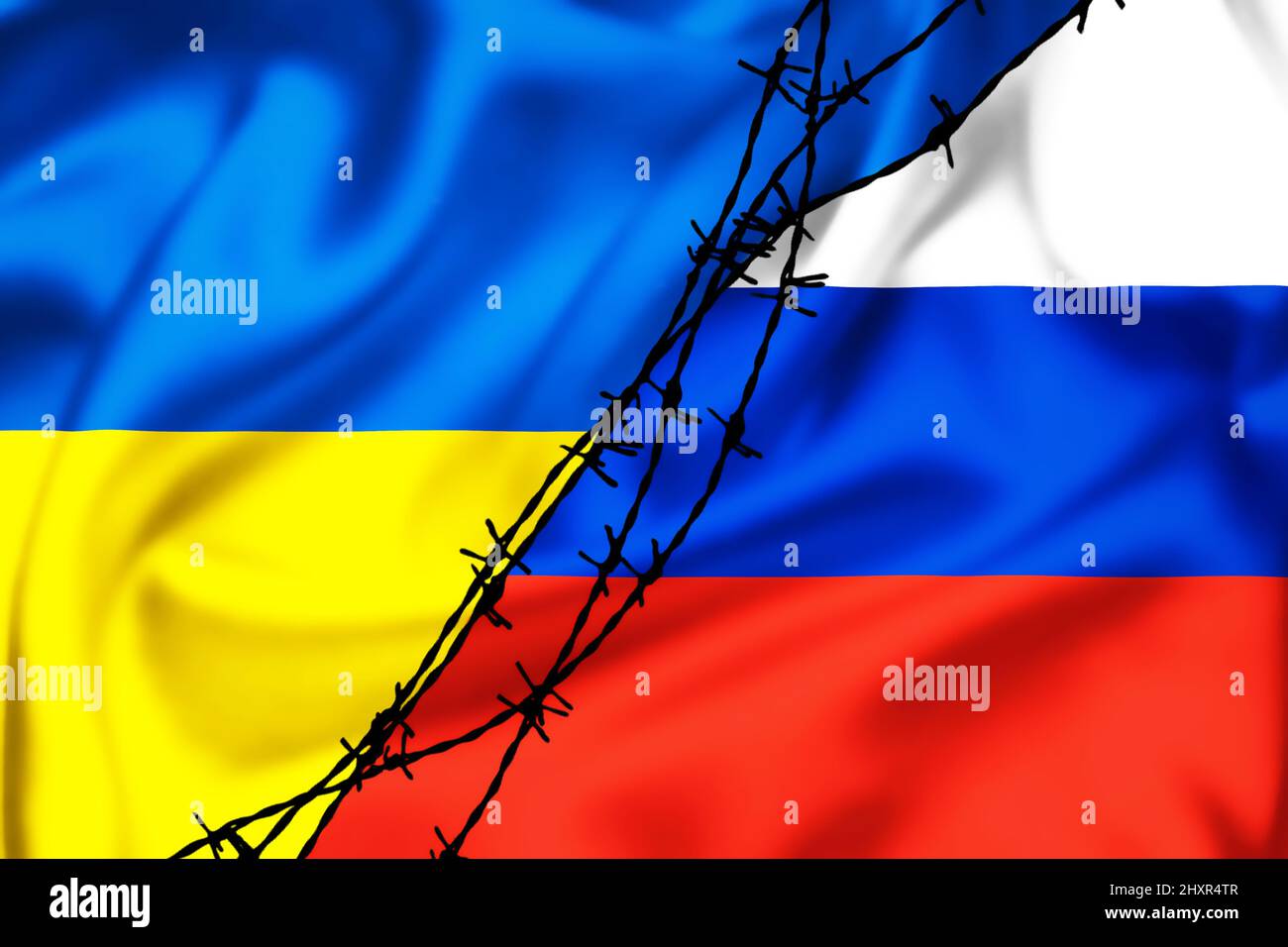 Silk flags of Russian Federation and Ukraine divided by barb wire illustration, concept of tense relations between Ukraine and Russia Stock Photo