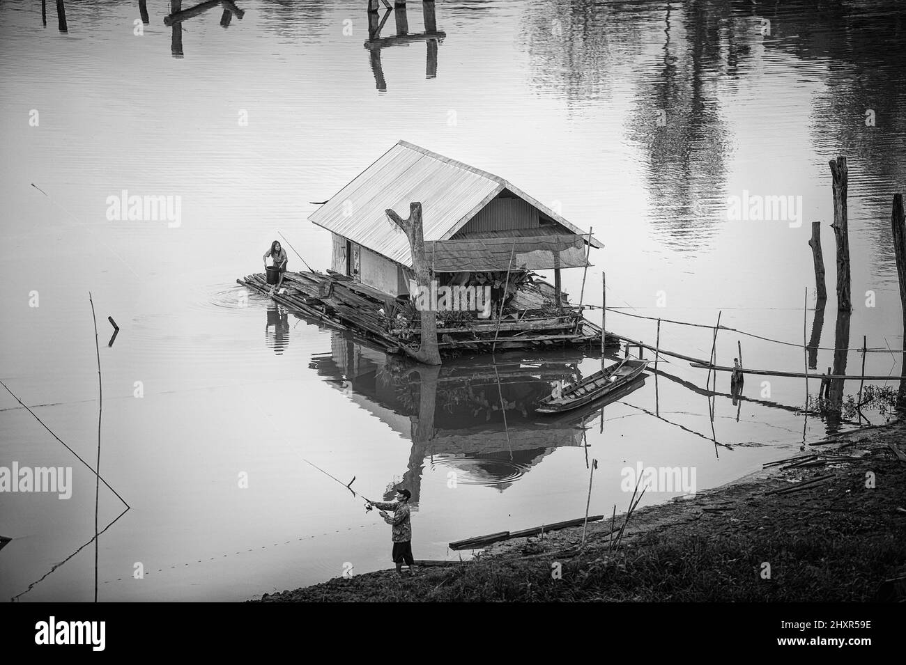 Houseboat on the Sangkalia River in Sangkhlaburi, Kanchanaburi, Thailand Stock Photo