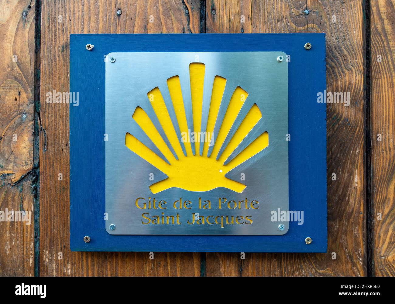 The shell symbol of the Camino de Santiago outside albergue in Saint Jean Pied de Port, France Stock Photo