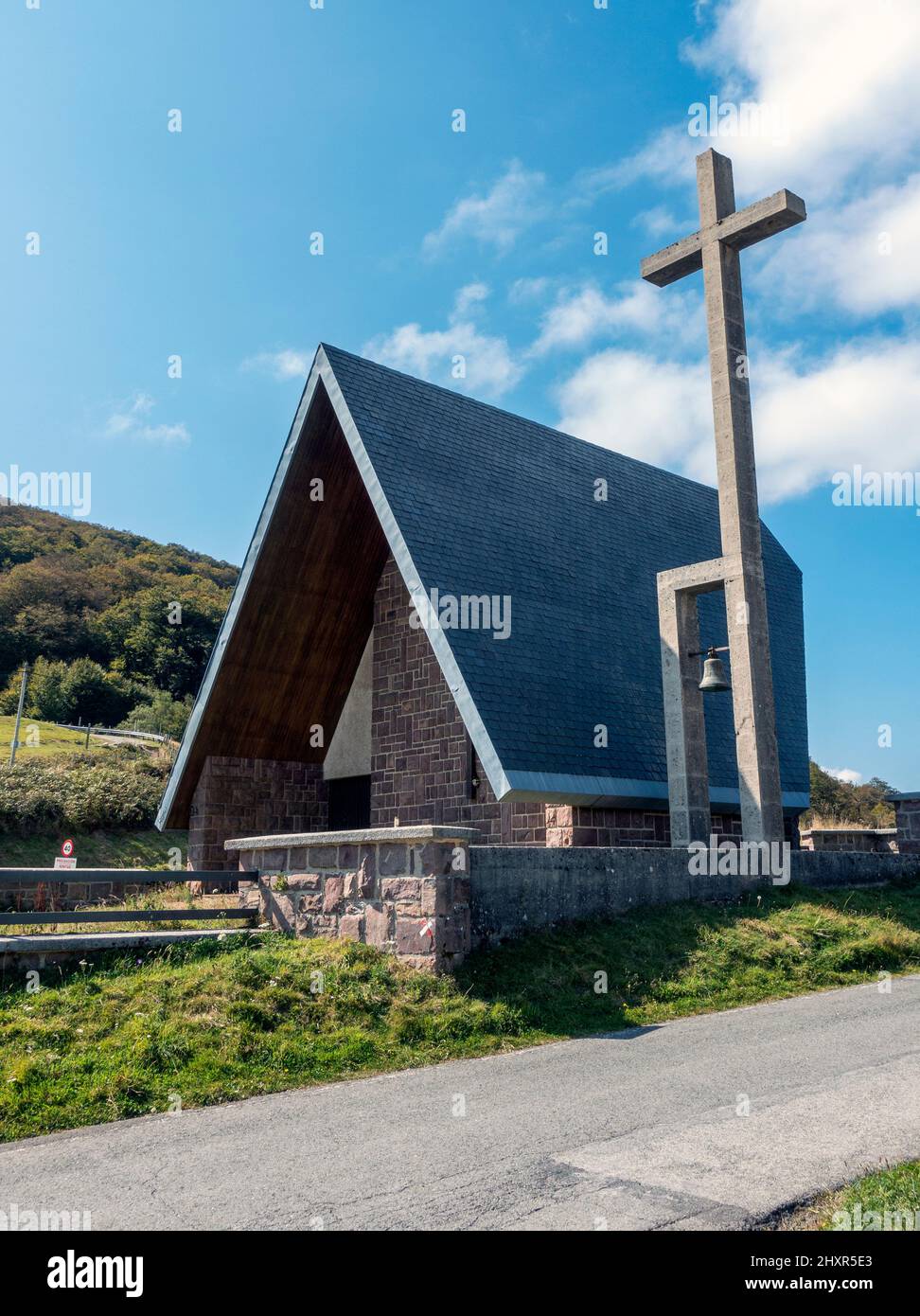 The Church of Col de Ibaneta standing on the French Way Camino de Santiago pass to Roncesvalles, Navarre, Spain Stock Photo