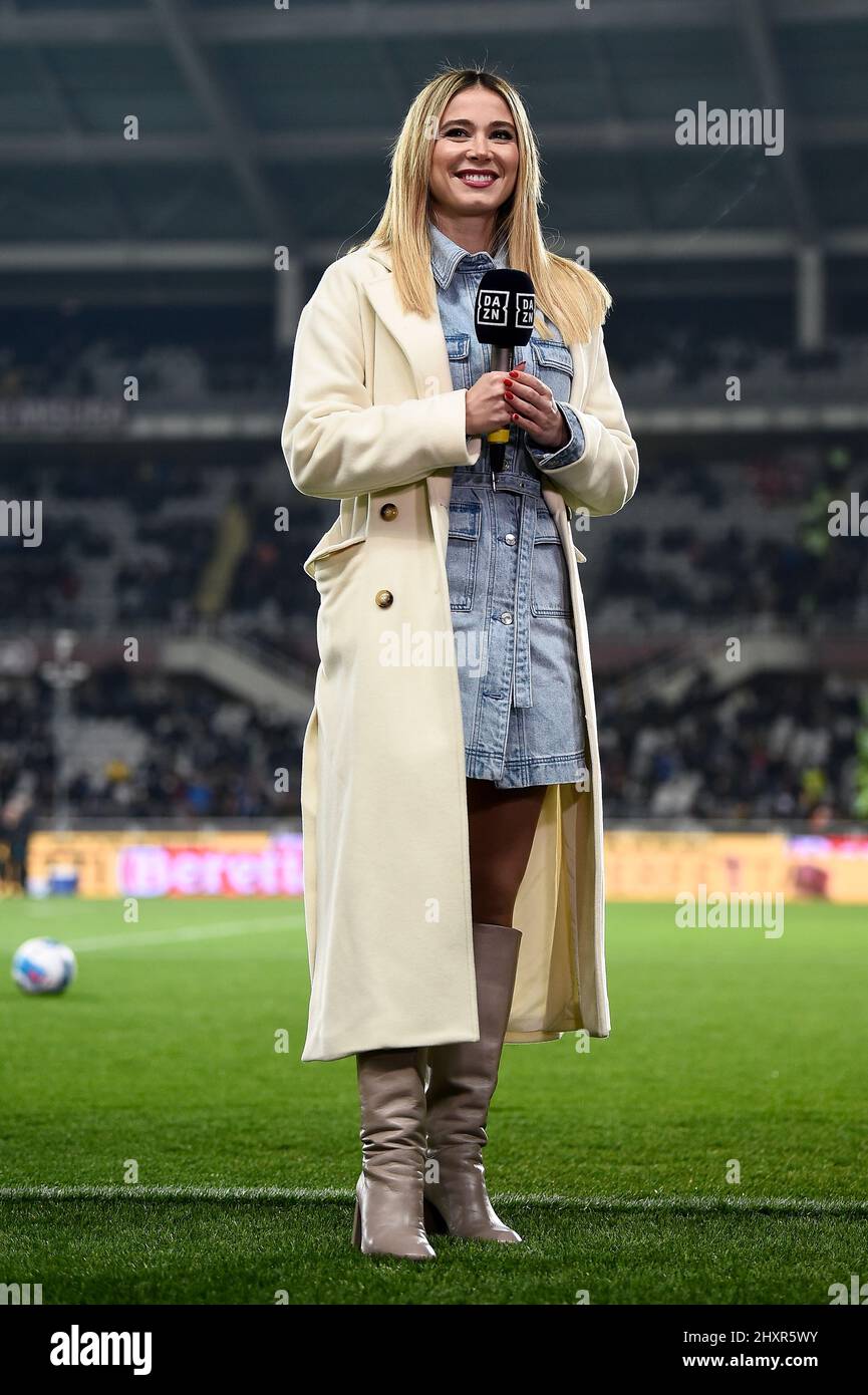 Turin Italy 13 March 22 Diletta Leotta Anchor Of Dazn Broadcasts Smiles Prior To The Serie