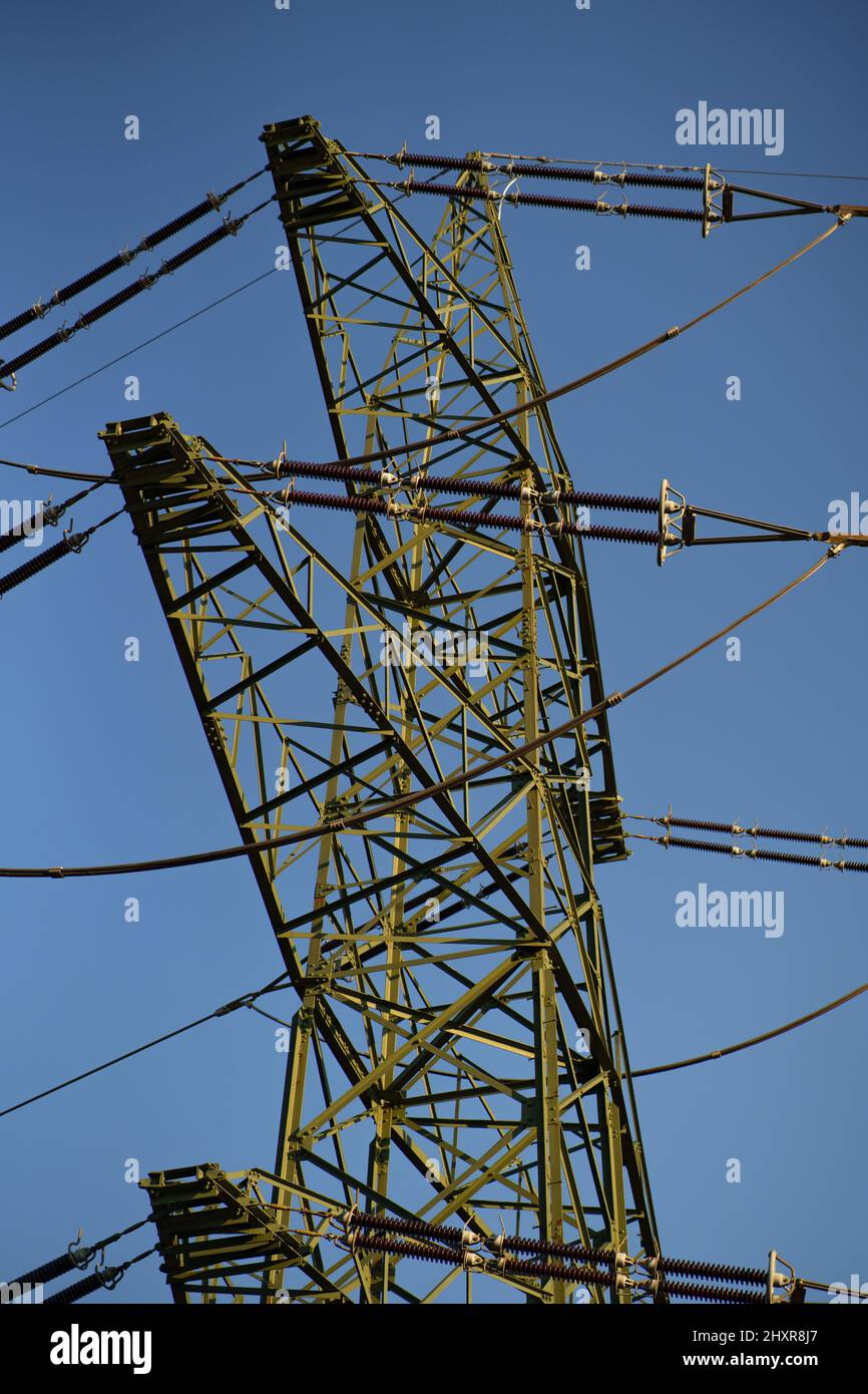 Vertical low angle shot of a transmission tower Stock Photo - Alamy