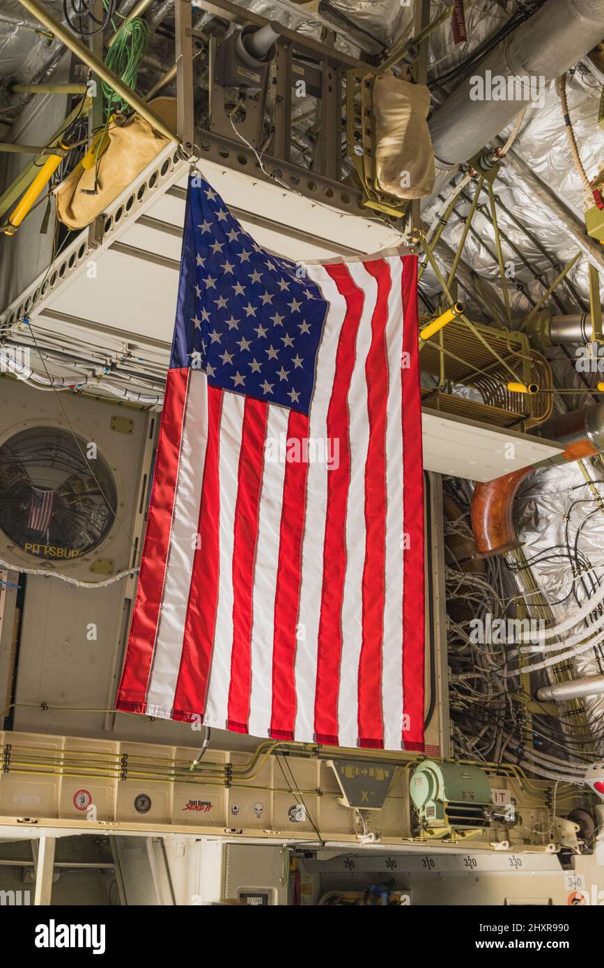 Closeup of the American Flag hanging from the ceiling of a C17
