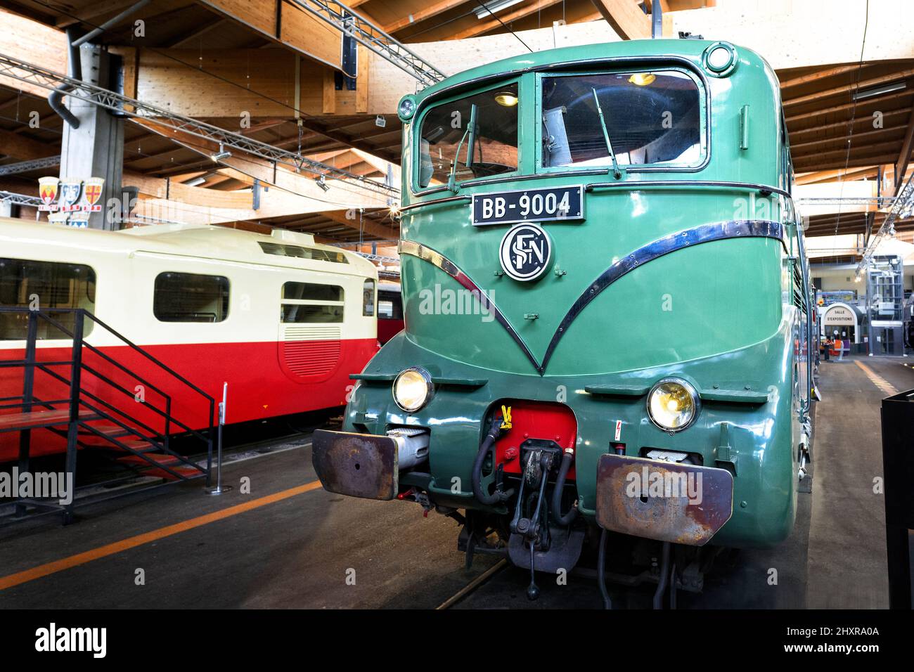 France, Mulhouse, Bas Rhin, La Cité du Train, the 331km/h top speed record electric locomotive BB9004 during the year 1955. Stock Photo