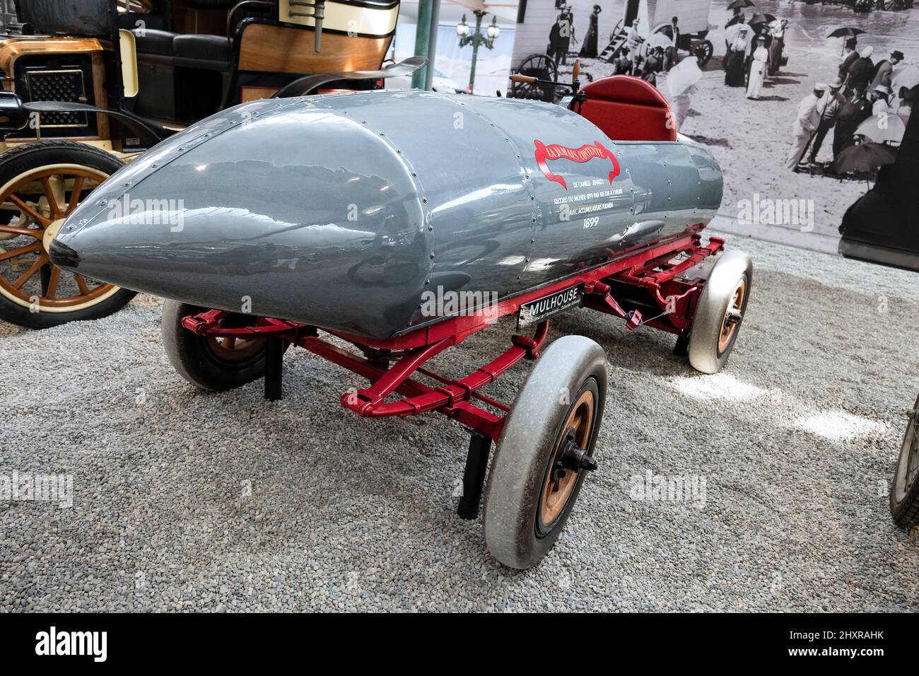 France, Mulhouse, Bas Rhin, La Cité de l'Automobile, the 105km/h top speed record electric car 'La Jamais Contente' during the year 1899. Stock Photo