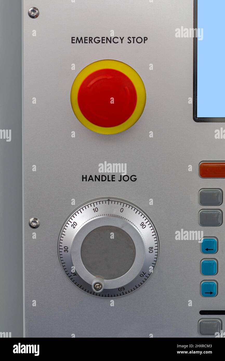 Handle Jog Dial Control and Emergency Stop Button Machine Stock Photo