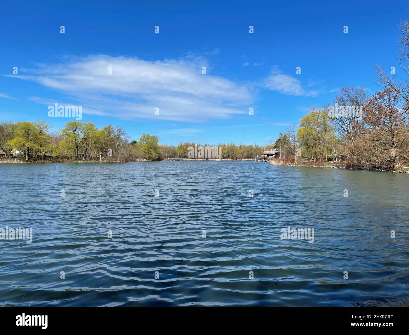 View of the lake surrounded by green trees against the blue sky Stock ...