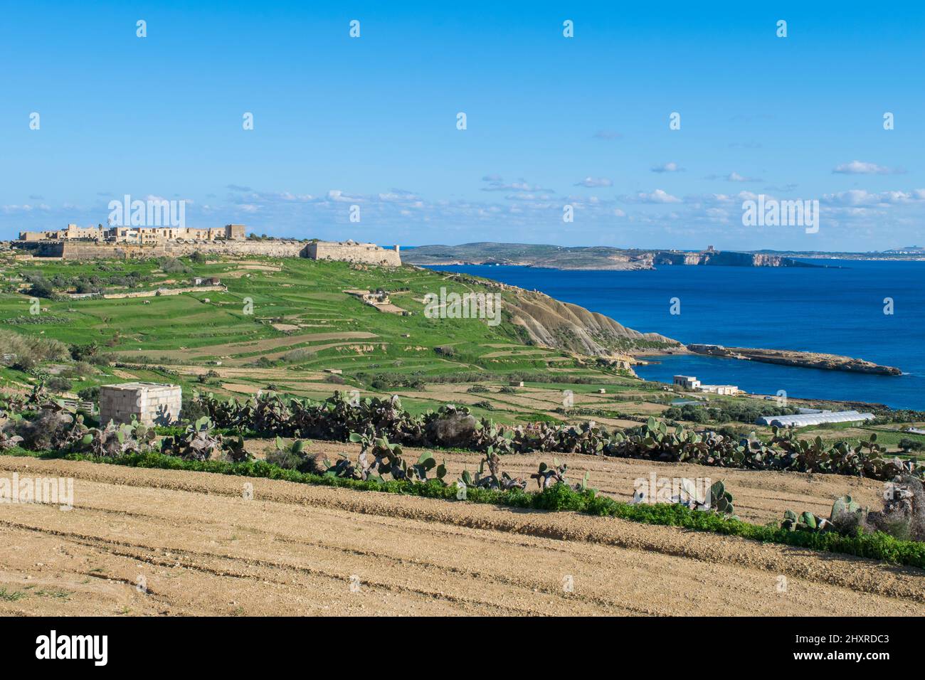 Panoramic view of hills and Fort Chambray, in Gozo, Malta, fortress