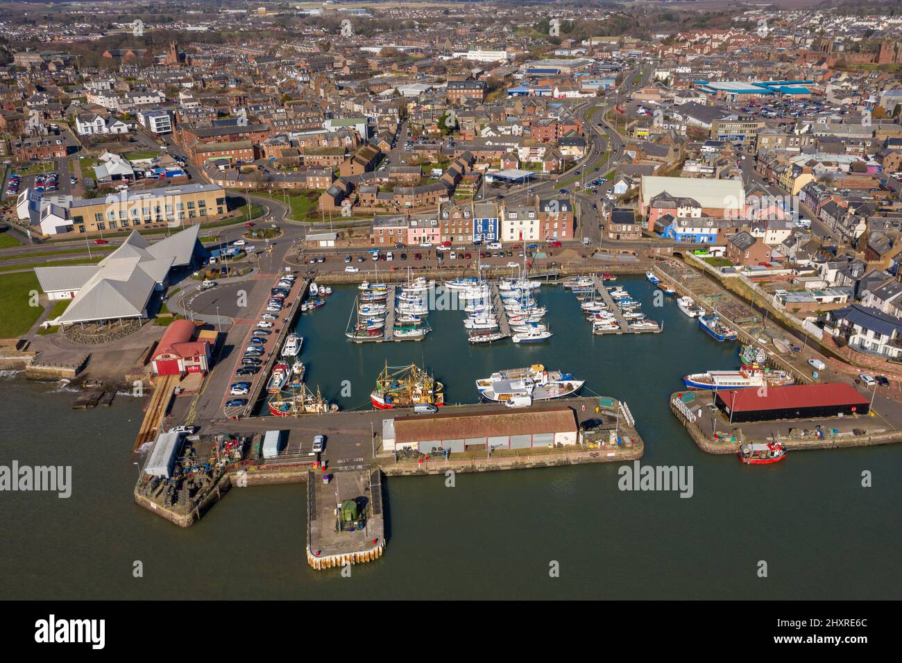 Aerial view from drone of Arbroath harbour, Angus, Scotland, UK Stock Photo