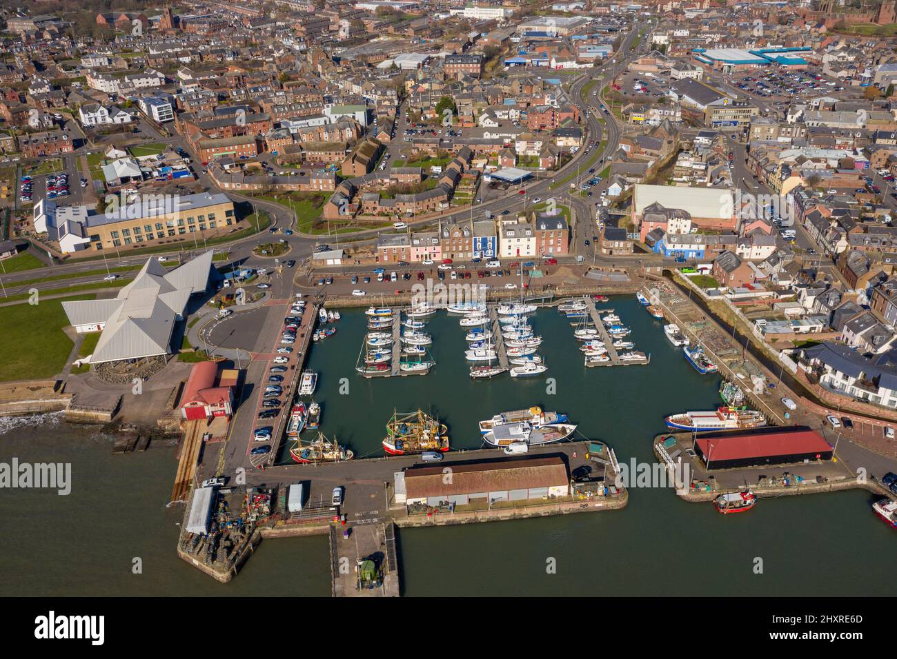 Aerial view from drone of Arbroath harbour, Angus, Scotland, UK Stock Photo