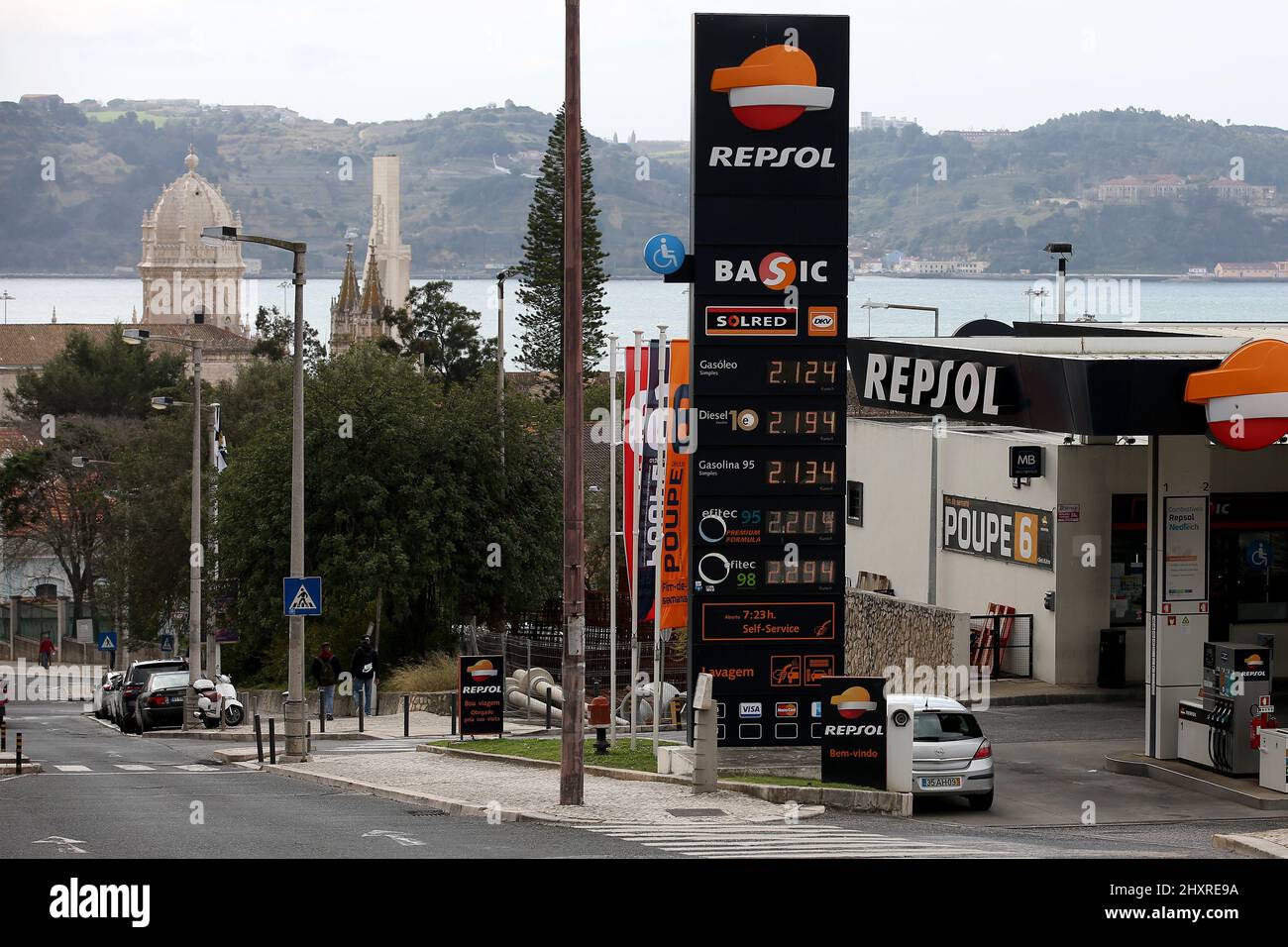 Lisbon, Portugal. 14th Mar, 2022. Gas station displays new price of