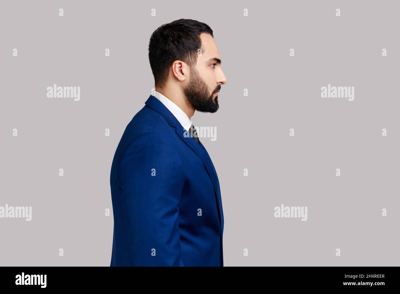 Side view portrait of confident bearded male looking at camera with serious expression, unsmiling determined business man, wearing official style suit. Indoor studio shot isolated on gray background. Stock Photo
