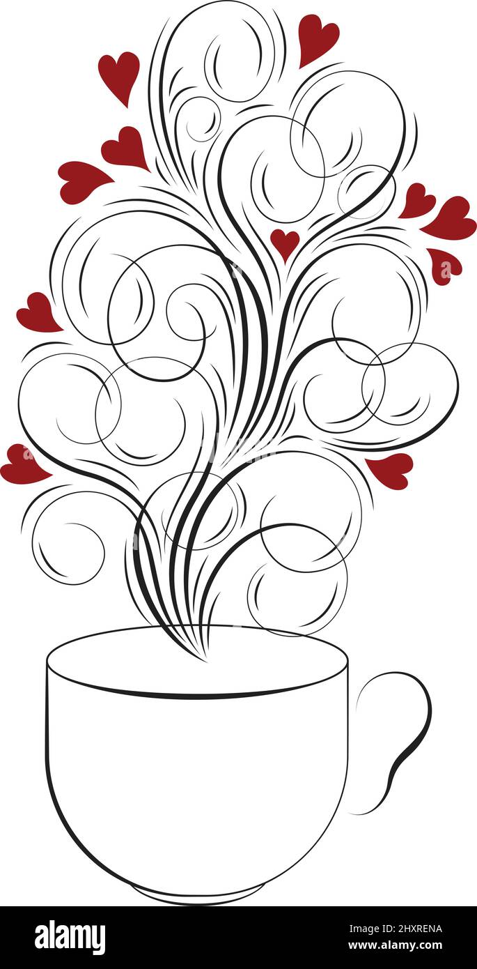 Vector Illustration of love cup decorated with beautiful calligraphic flourishes design and little red hearts for tea and coffee lovers. Stock Vector