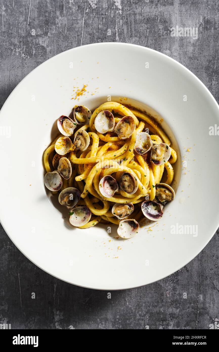 fresh homemade spaghetti pasta with clams and bottarga caviar on a