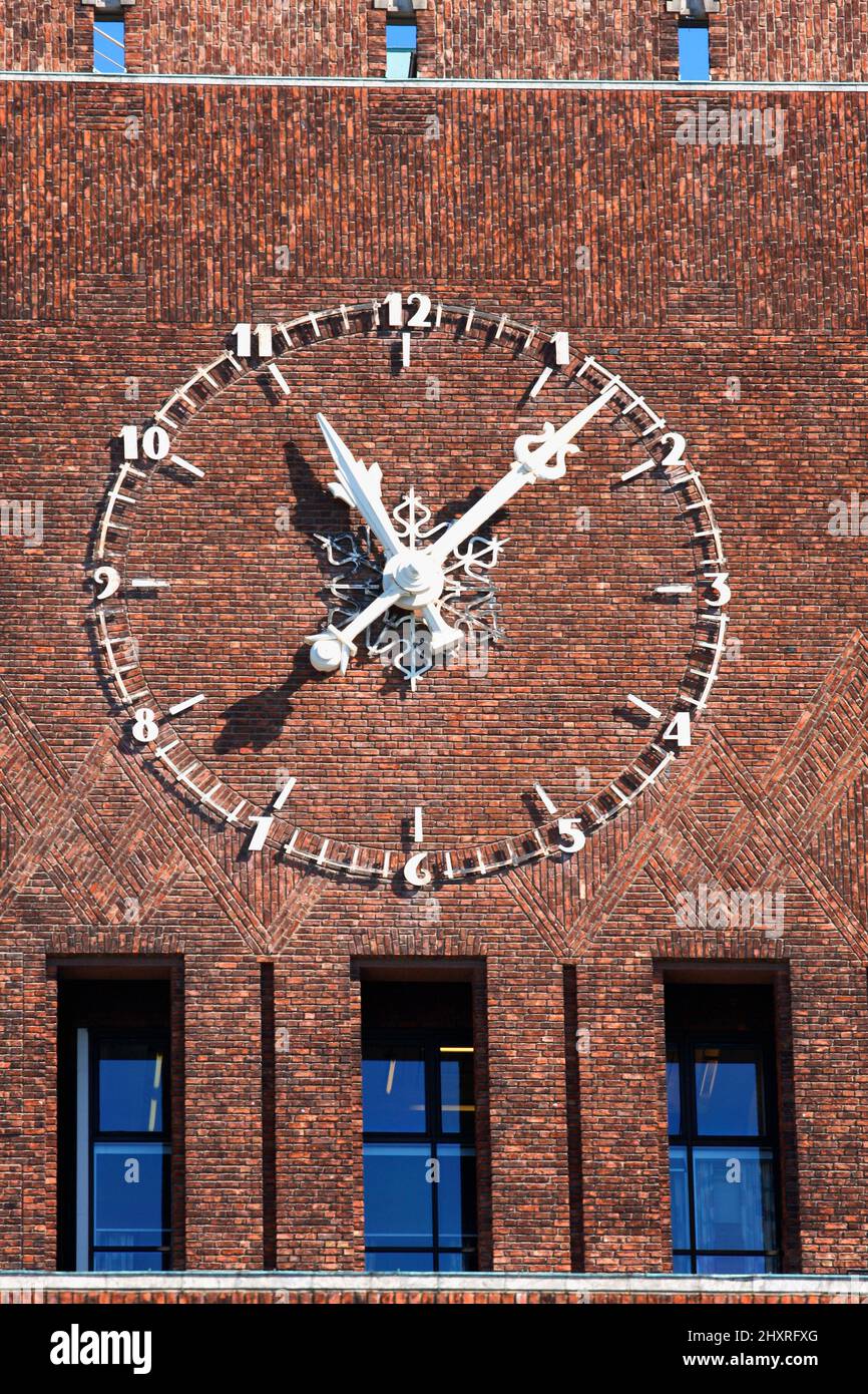 City Hall clock in Oslo, Norway Stock Photo Alamy