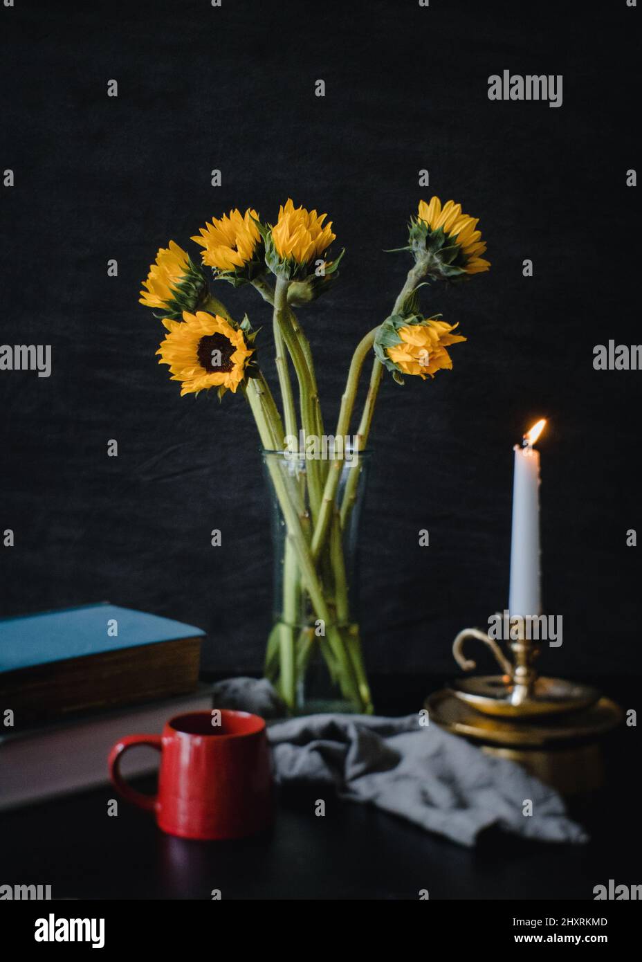 Coffee and sunflowers on the table Stock Photo