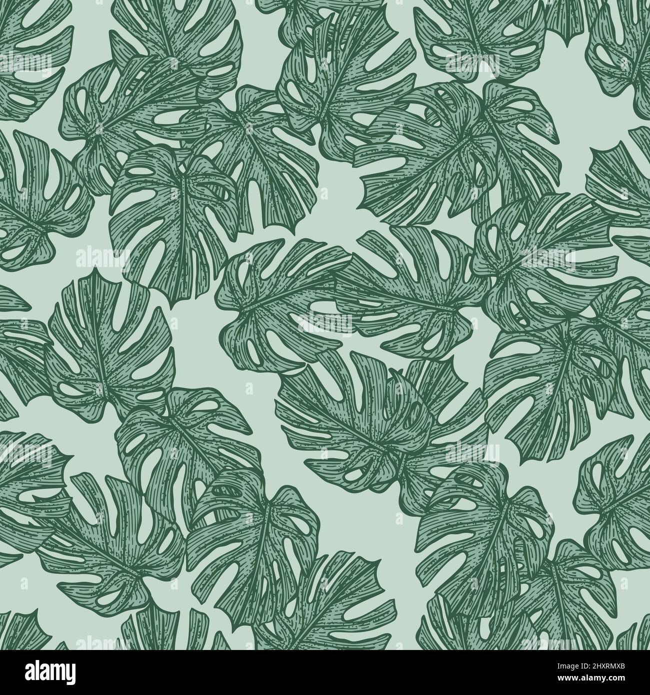 Engraving leaf monstera seamless pattern. Vintage leaves background. Repeated texture in hand drawn style for fabric, wrapping paper, wallpaper, tissu Stock Vector