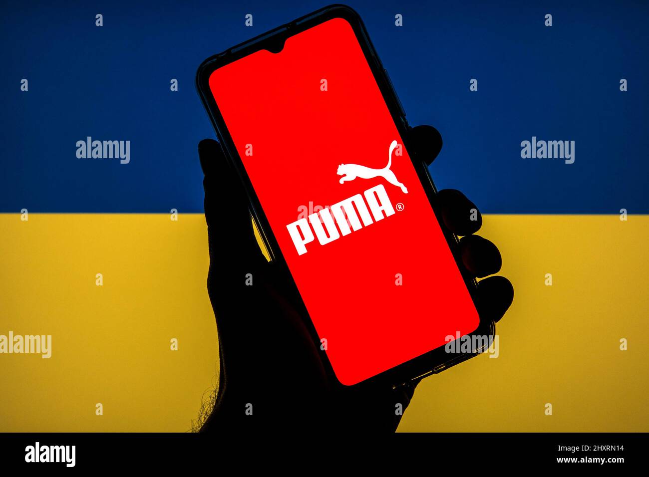 In this photo illustration a Puma logo seen displayed on a smartphone with  a flag of the Ukraine in the background. (Photo by Thiago Prudencio / SOPA  Images/Sipa USA Stock Photo -