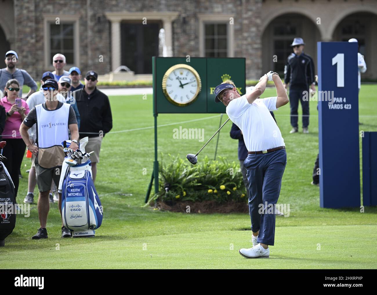 Ponte Vedra Beach, United States. 14th Mar, 2022. Florida, US, March 14, 2022. Keith Mitchell of the United States tees off on the 1st hole in the final round of the 2022 Players PGA Championship on the Stadium Course at TPC Sawgrass in Ponte Vedra Beach, Florida on Monday, March 14, 2022. The golf tournament has been extended one day due to weather delays. Photo by Joe Marino/UPI Credit: UPI/Alamy Live News Stock Photo