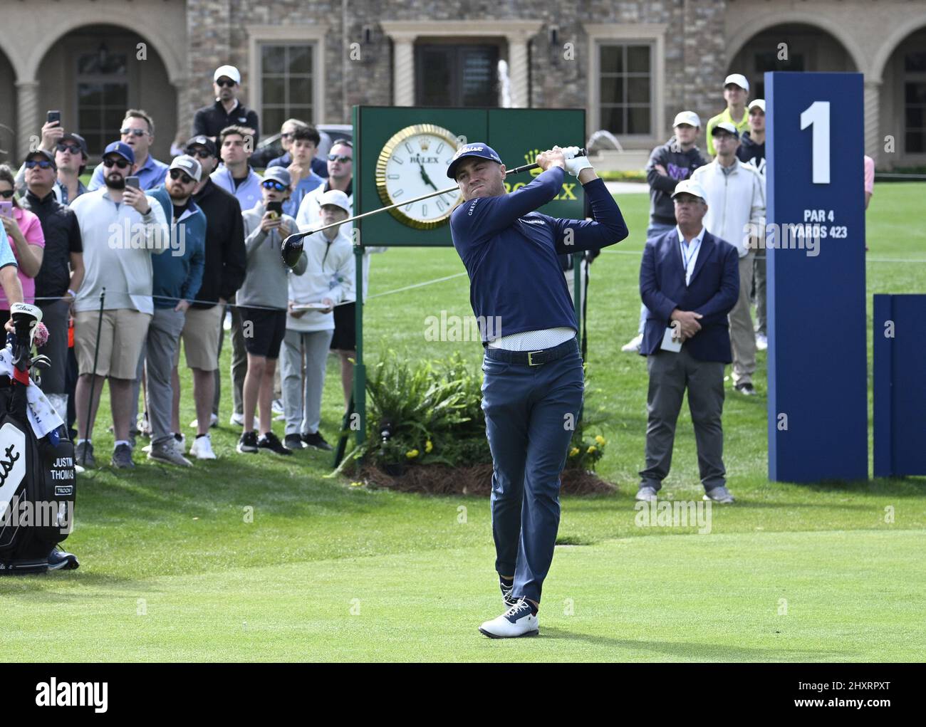 Ponte Vedra Beach, United States. 14th Mar, 2022. Florida, US, March 14, 2022. Justin Thomas of the United States tees off on the 1st hole in the final round of the 2022 Players PGA Championship on the Stadium Course at TPC Sawgrass in Ponte Vedra Beach, Florida on Monday, March 14, 2022. The golf tournament has been extended one day due to weather delays. Photo by Joe Marino/UPI Credit: UPI/Alamy Live News Stock Photo