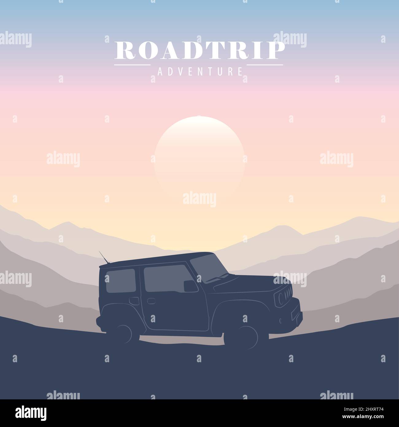 nature mountain landscape roadtrip adventure with 4x4 offroad car Stock Vector