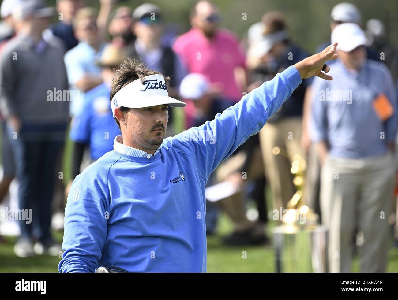 Ponte Vedra Beach, United States. 14th Mar, 2022. Hank Lebioda of the United States gestures after teeing off on the 1st hole in the final round of the 2022 Players PGA Championship on the Stadium Course at TPC Sawgrass in Ponte Vedra Beach, Florida on Monday, March 14, 2022. The golf tournament has been extended one day due to weather delays. Photo by Joe Marino/UPI Credit: UPI/Alamy Live News Stock Photo