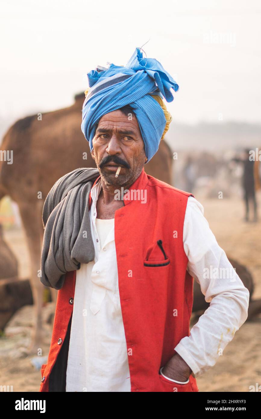 Portrait of an old man from Rajasthan wearing a colored turban Stock ...