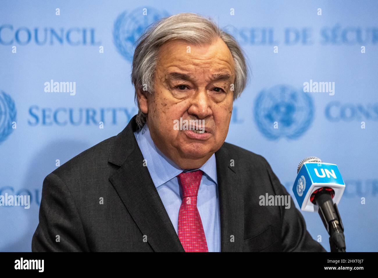 New York, USA. 14th Mar, 2022. United Nations Secretary-General Antonio Guterres talks to reporters after a UN Security Council meeting at the UN headquarters in New York city. Guterres said that 'It is time to stop the horror unleashed on the people of Ukraine and get on the path of diplomacy and peace,' and also stressed that 'The prospect of nuclear conflict, once unthinkable, is now back within the realm of possibility,' Credit: Enrique Shore/Alamy Live News Stock Photo