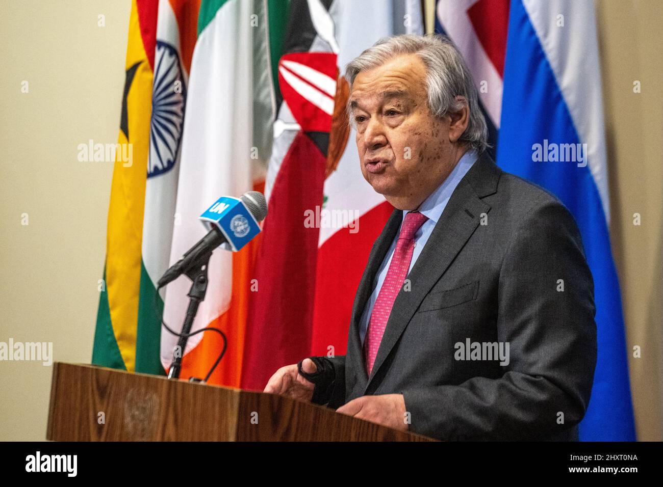 New York, USA. 14th Mar, 2022. United Nations Secretary-General Antonio Guterres talks to reporters after a UN Security Council meeting at the UN headquarters in New York city. Guterres said that 'It is time to stop the horror unleashed on the people of Ukraine and get on the path of diplomacy and peace,' and also stressed that 'The prospect of nuclear conflict, once unthinkable, is now back within the realm of possibility,' Credit: Enrique Shore/Alamy Live News Stock Photo