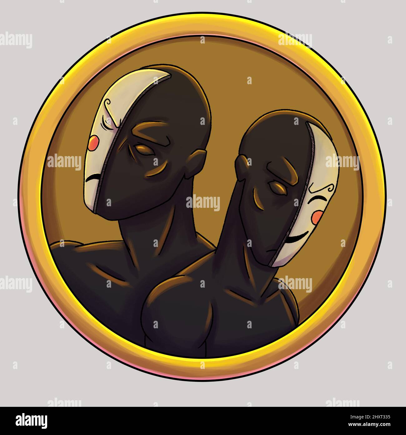Illustration of people in masks - the concept of horoscope Gemini sign Stock Photo