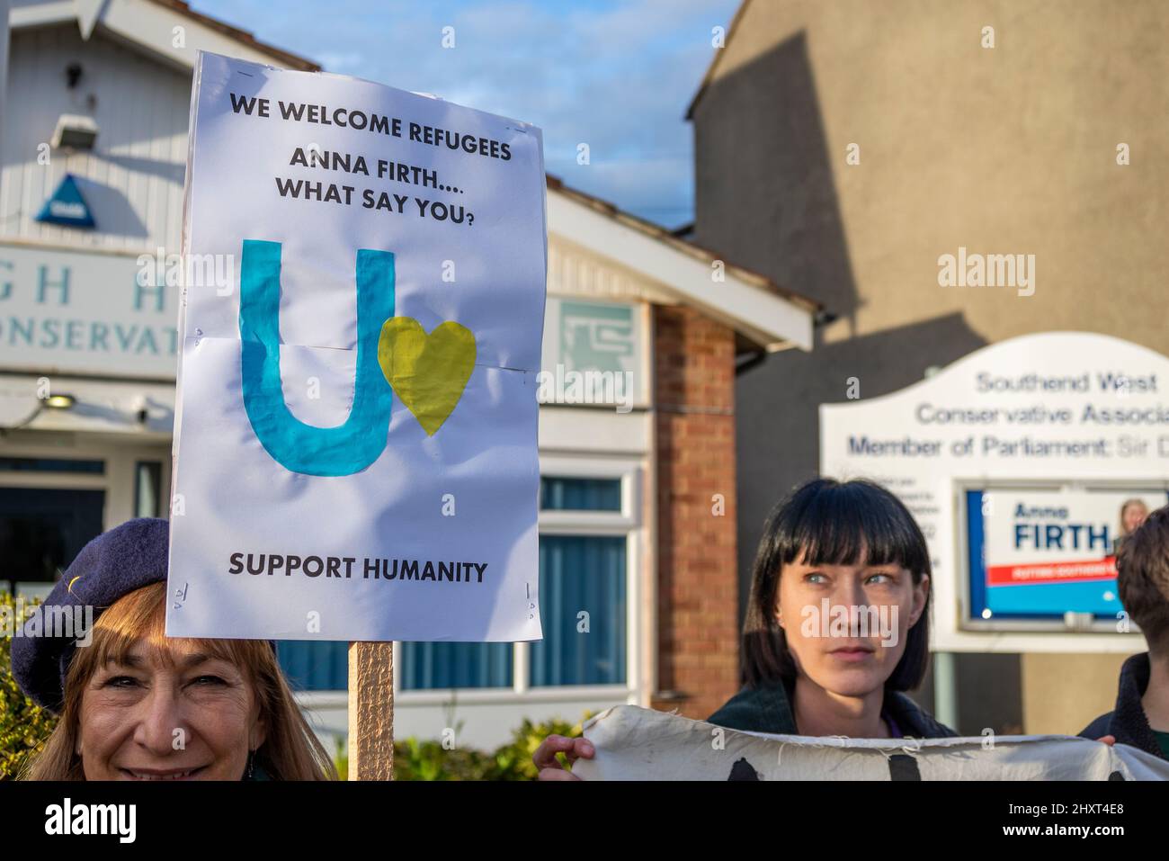 Iveagh Hall, Leigh on Sea, Essex, UK. 14th Mar, 2022. A protest is