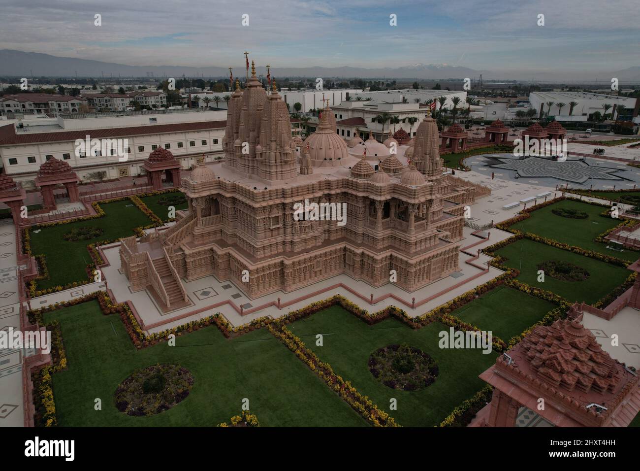 An aerial drone view of the religious temple Swaminarayan Akshardham in Delhi, India Stock Photo