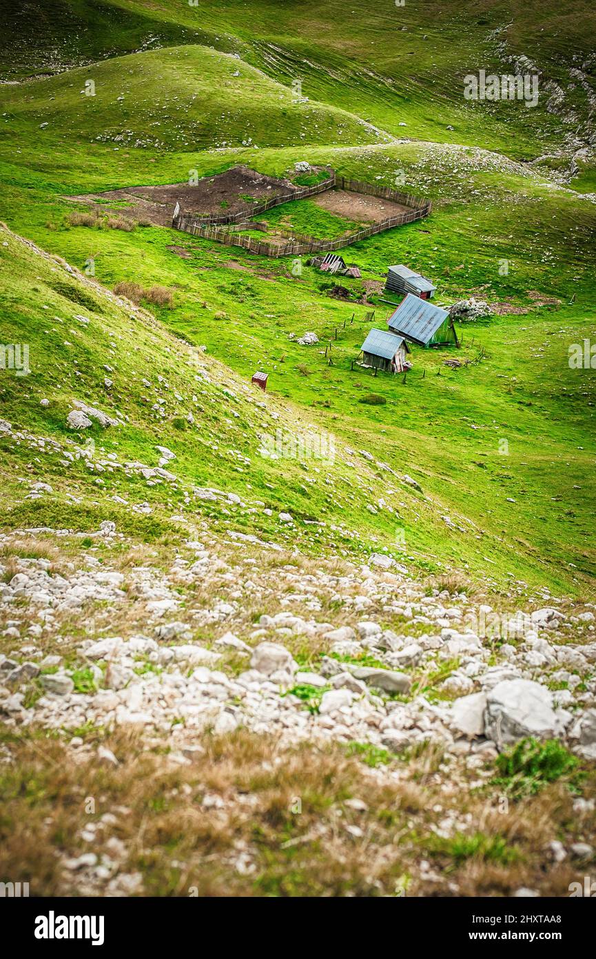 Traditional wooden shepherd cottage in the mountains with beautiful ...