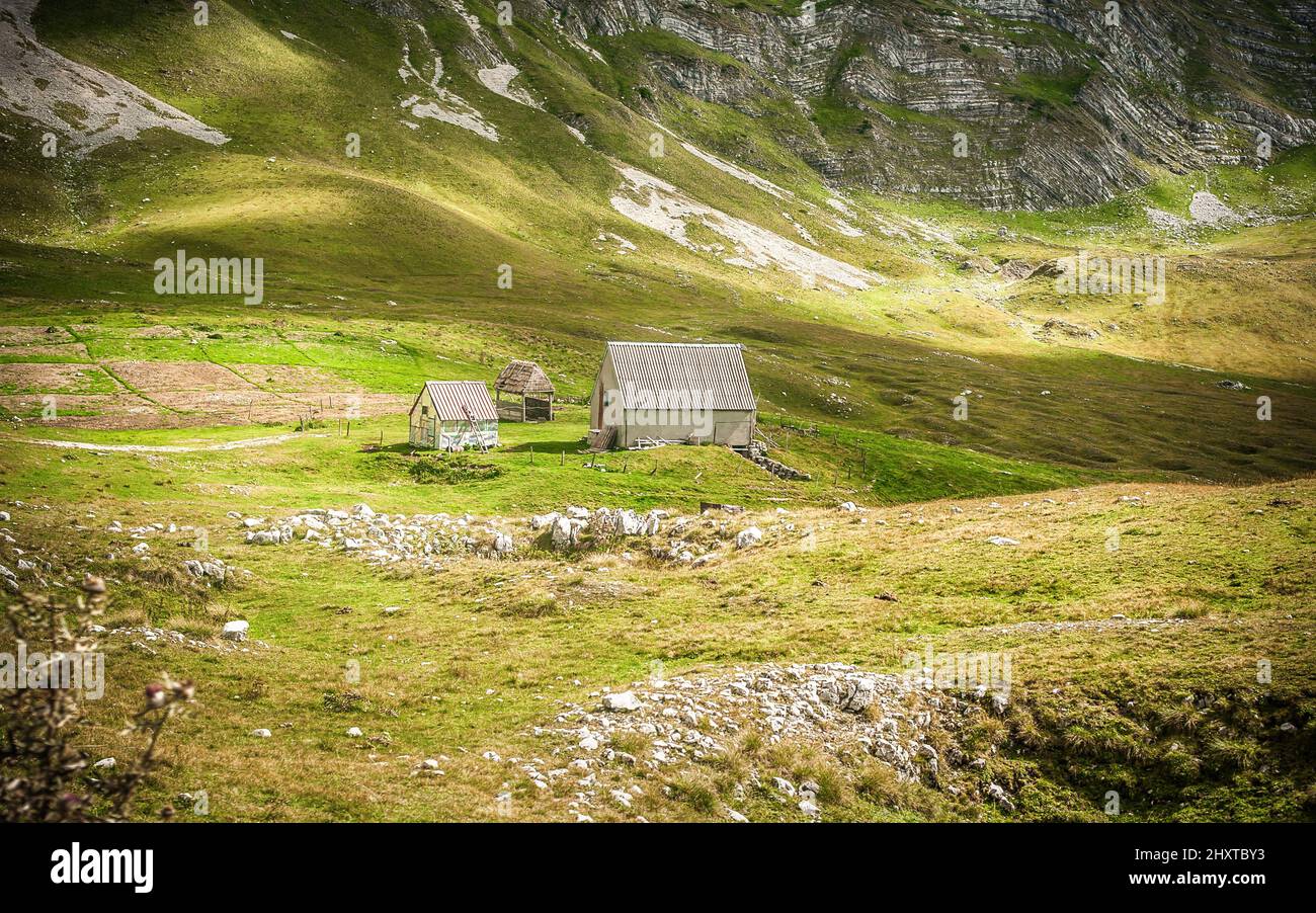 Traditional wooden shepherd cottage in the mountains with beautiful ...