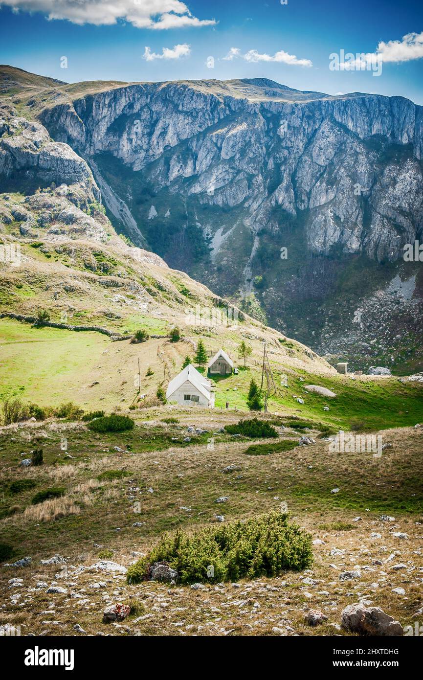Traditional wooden shepherd cottage in the mountains with beautiful ...